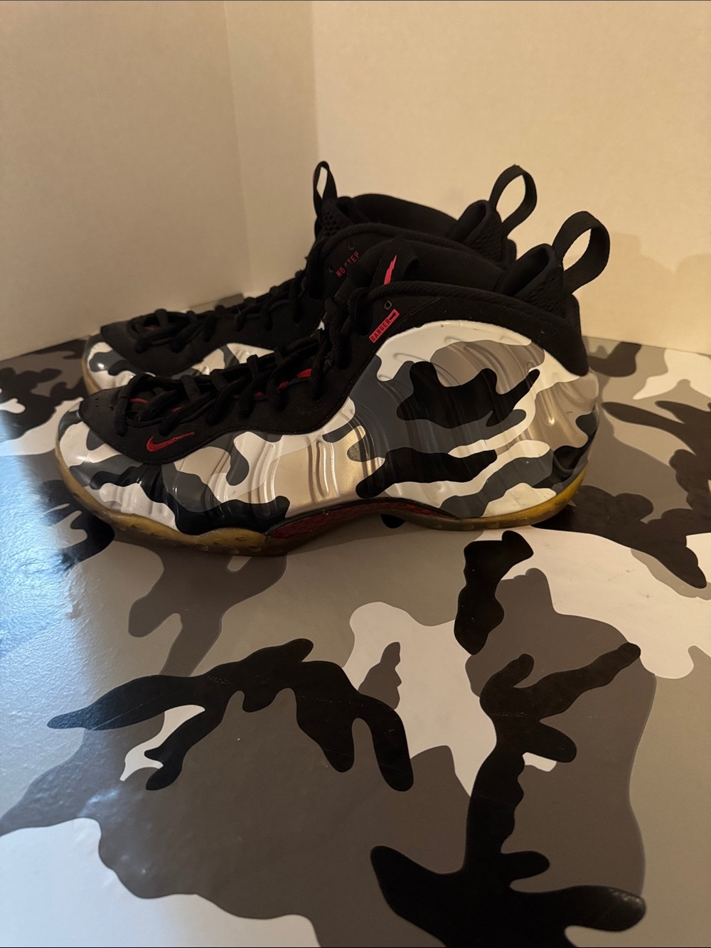 Nike Camo Foamposite Sneakers - Black, White, Gray